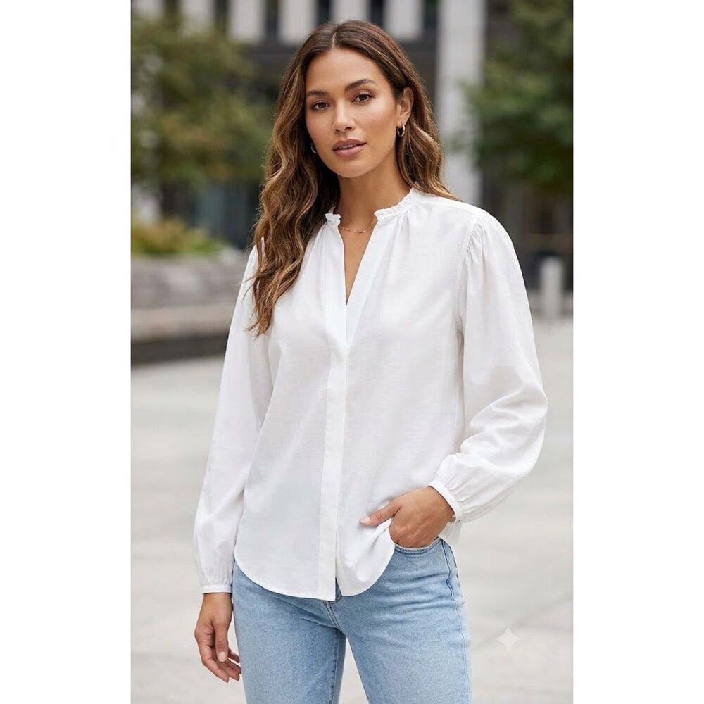 Vince Cotton Poplin V-Neck Shirt Blouse S Button Down Minimalist Career White